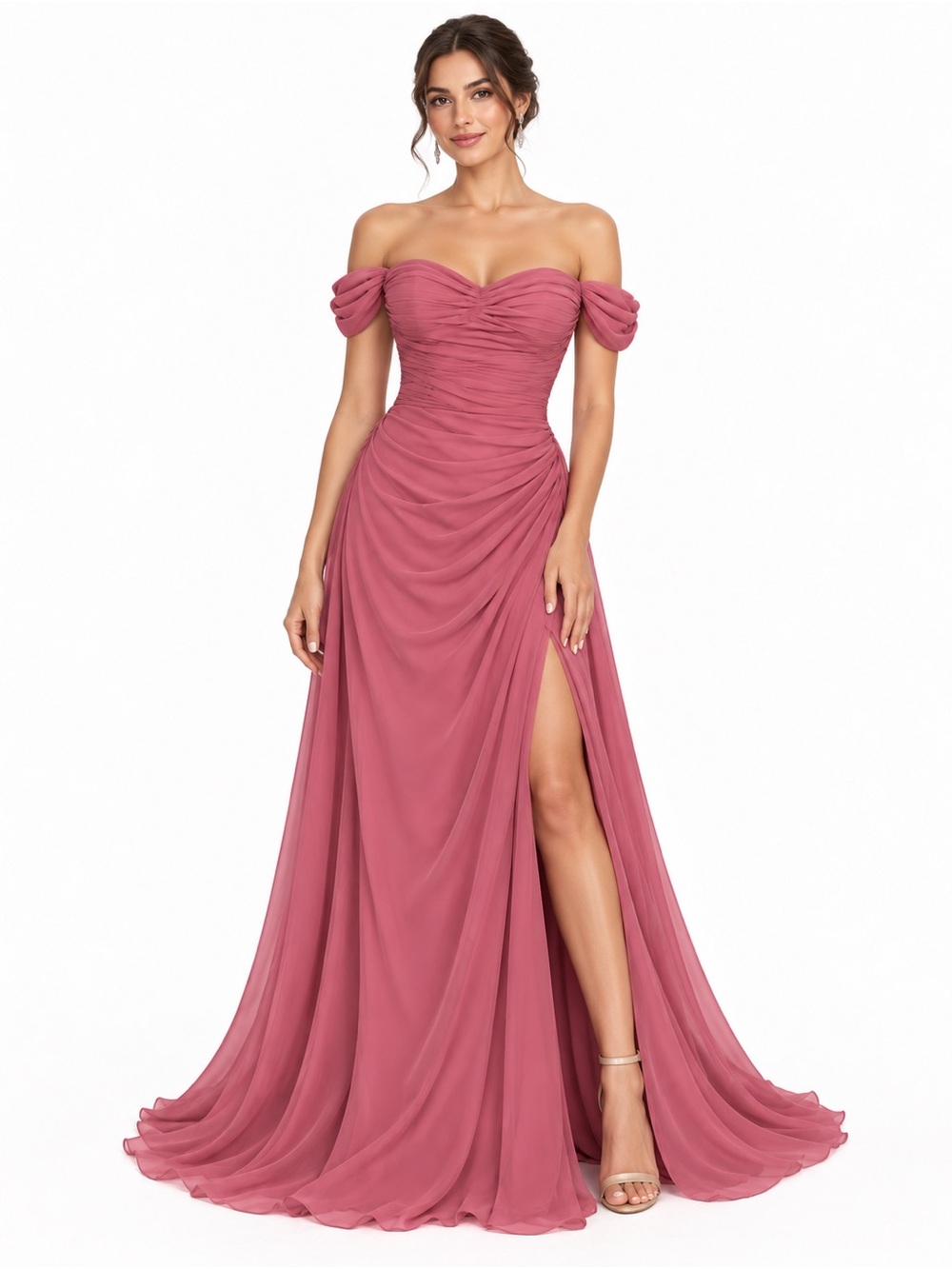 Romantic Off-Shoulder Ruched Maxi Dress in Rose